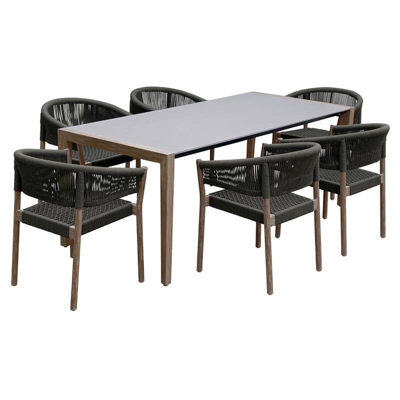 Armen Living Fineline and Doris 7PC Fabric Outdoor Dining Set in Brown/Charcoal
