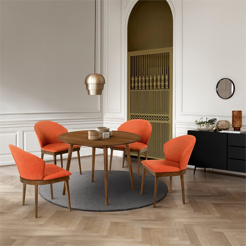 Armen Living Arcadia and Juno Round Wood 5-Piece Dining Set in Orange/Brown