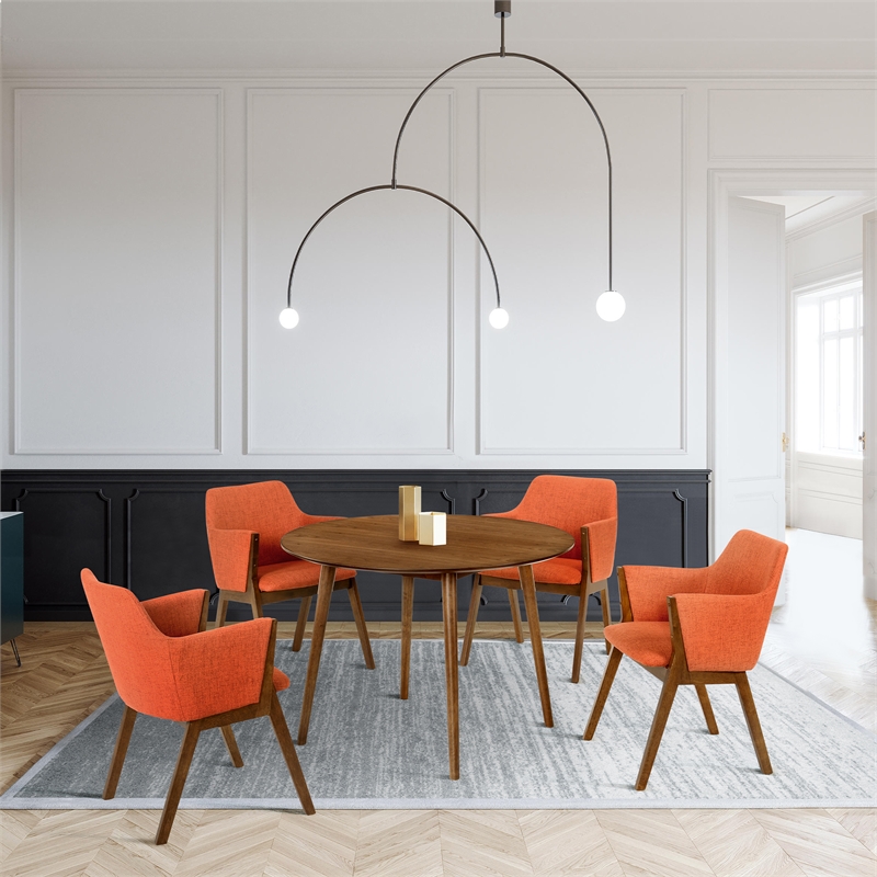 Armen Living Arcadia and Renzo Round 5-Piece Wood Dining Set in Orange/Brown
