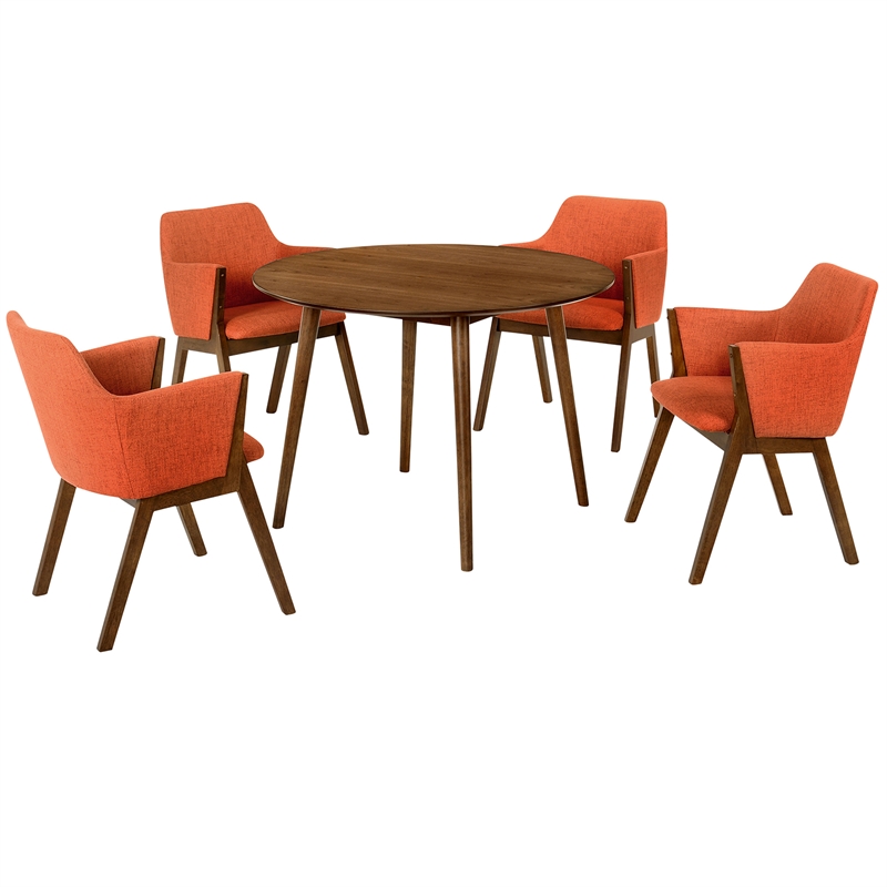 Armen Living Arcadia and Renzo Round 5-Piece Wood Dining Set in Orange/Brown