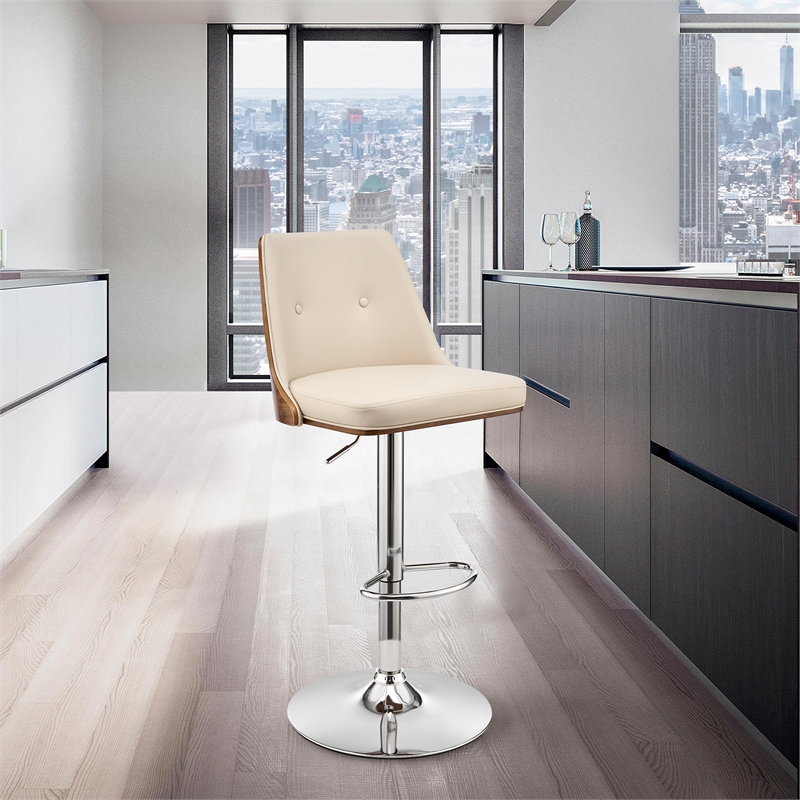 armen living jacob 25-33&quot faux leather/wood swivel bar stool in cream/walnut