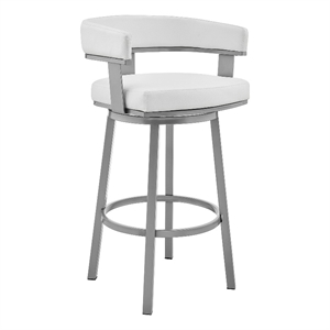 Armen Living Lorin 26&quot Modern Faux Leather Counter Swivel Stool in White/Silver
