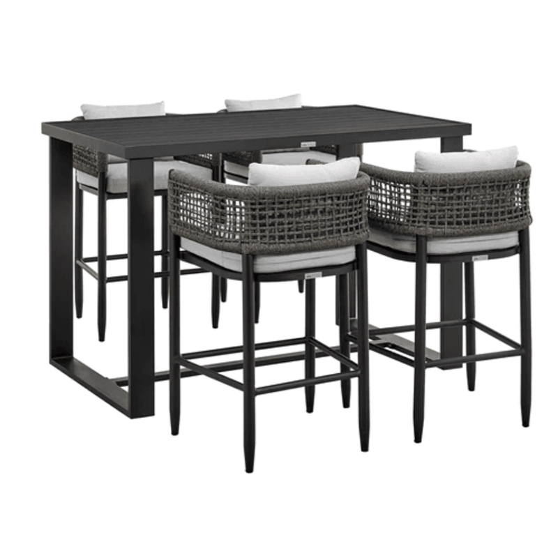 Armen Living Alegria Outdoor 5-Piece Aluminum & Rope Bar Set in Gray