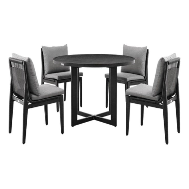 Cayman Outdoor 5-Piece Round Dining Table Set in Aluminum with Grey Cushions
