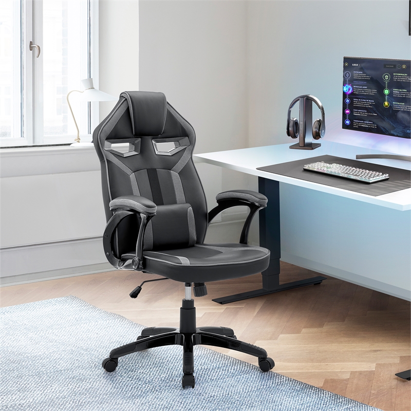 Armen Living Aspect Adjustable Faux Leather Racing Gaming Chair in Black/Gray