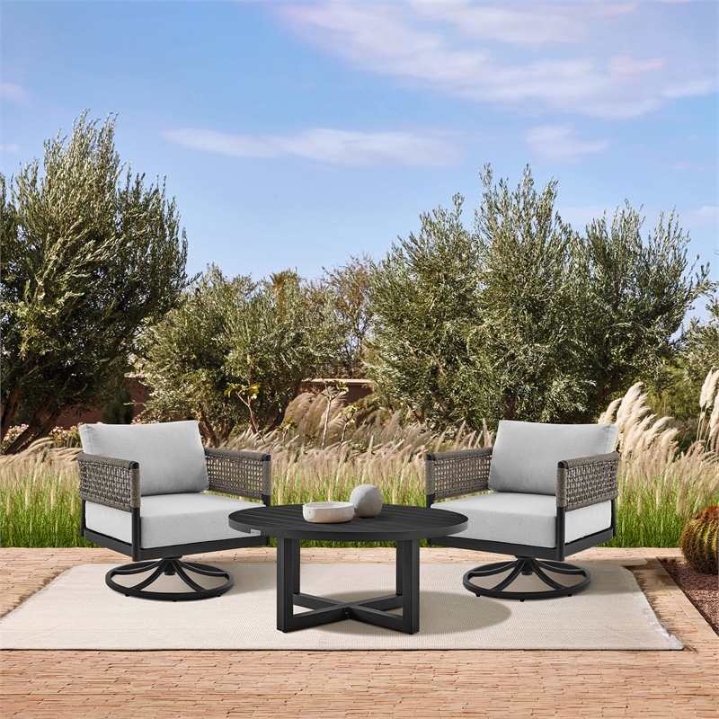 Armen Living Felicia and Argiope 3PC Fabric Outdoor Swivel Set in Gray/Black