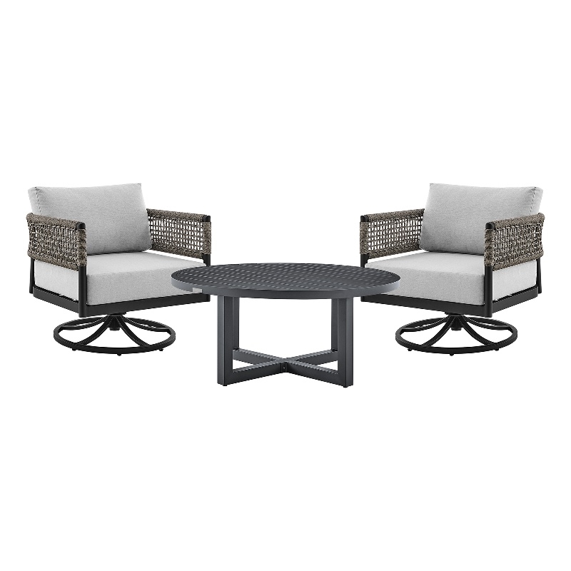 Armen Living Felicia and Argiope 3PC Fabric Outdoor Swivel Set in Gray/Black