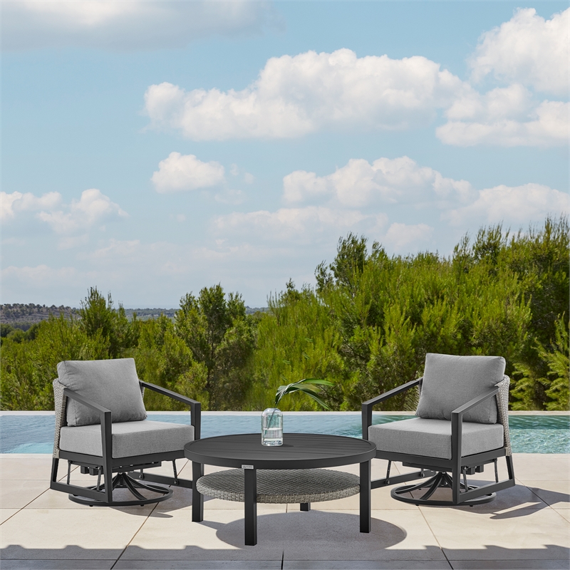 Armen Living Aileen 3PC Outdoor Fabric Patio Swivel Seating Set in Gray/Black