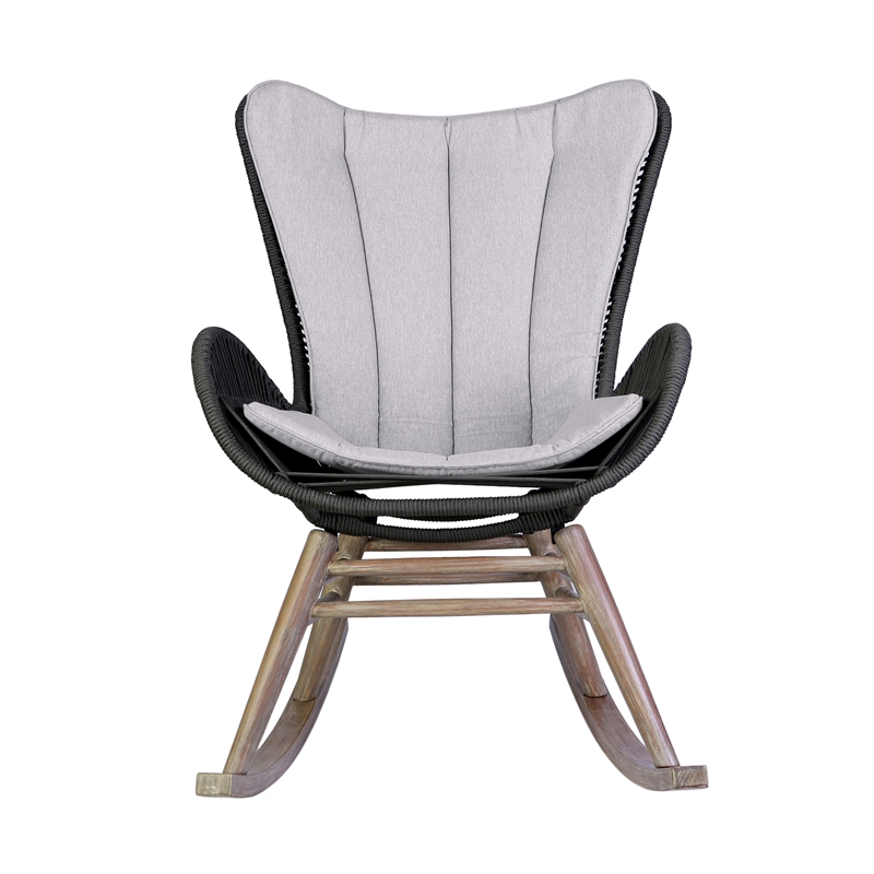 Armen Living Fanny Wood & Rope Outdoor Patio Rocking Chair in Natural/Charcoal