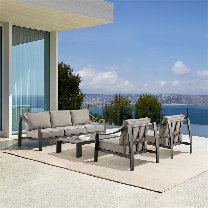 Armen Living Mongo 4-Piece Aluminum Outdoor Patio Furniture Set in Brown/Beige