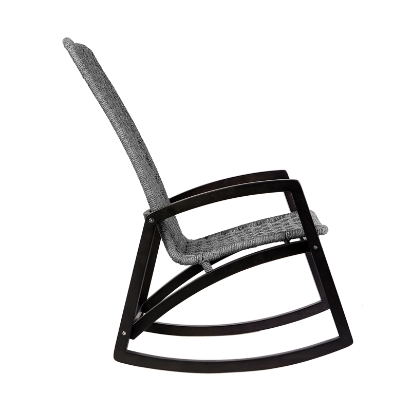 Armen Living Sequoia Wood & Rope Outdoor Patio Rocking Chair in Dark Wood/Gray
