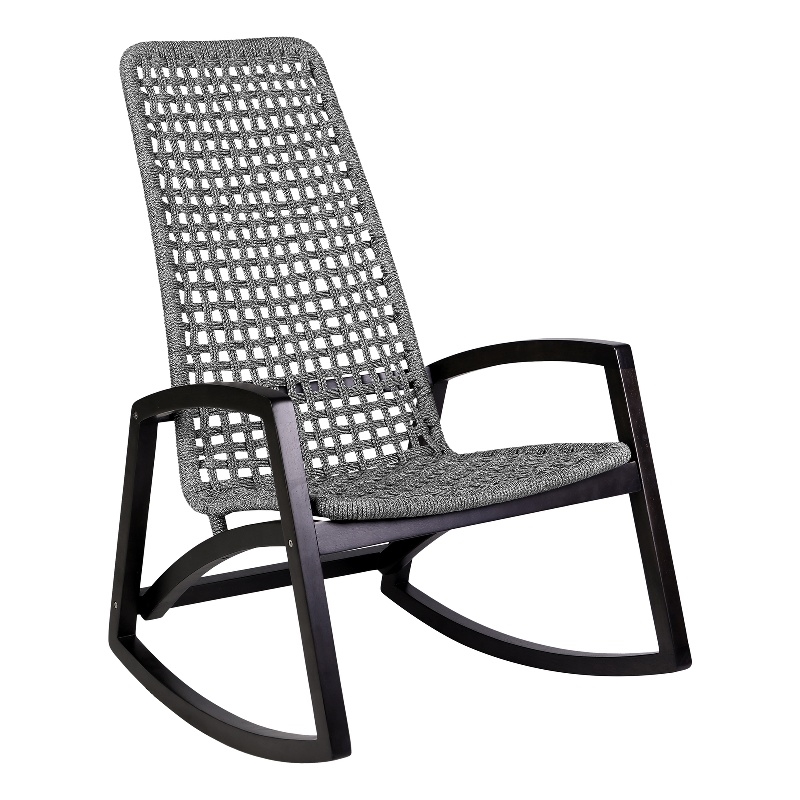 Armen Living Sequoia Wood & Rope Outdoor Patio Rocking Chair in Dark Wood/Gray