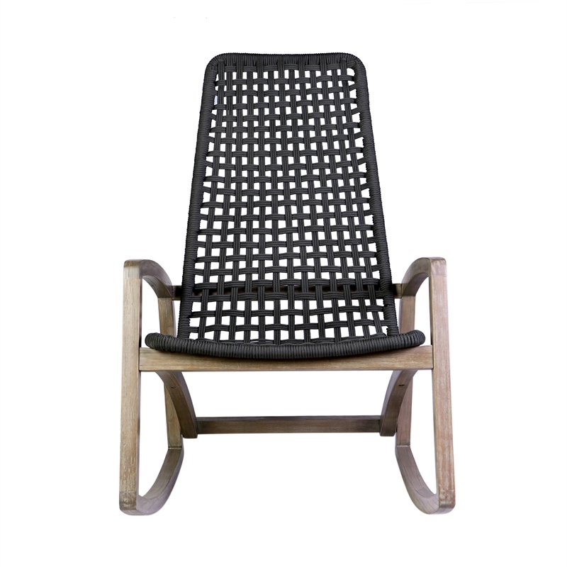 Armen Living Sequoia Wood & Rope Outdoor Patio Rocking Chair in Natural/Charcoal