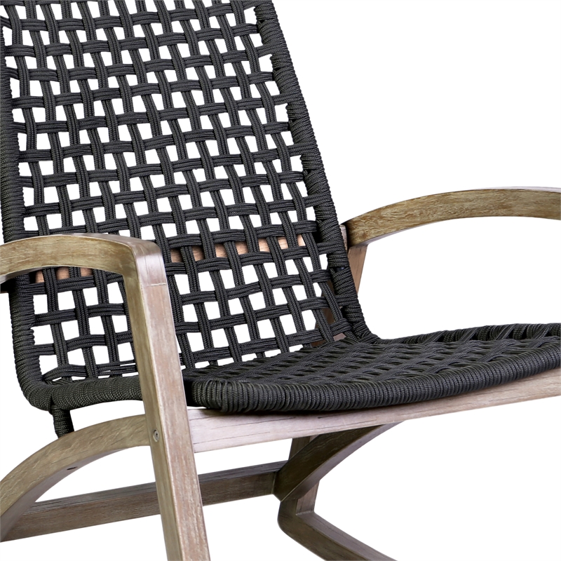 Armen Living Sequoia Wood & Rope Outdoor Patio Rocking Chair in Natural/Charcoal
