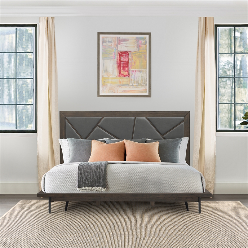 Armen Living Marquis King Size Oak Wood Platform Bed in Oak/Gray