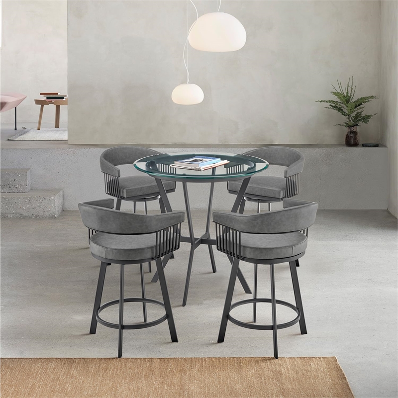 Armen Living Naomi and Chelsea 5PC Faux Leather/Metal Dining Set in Black/Gray