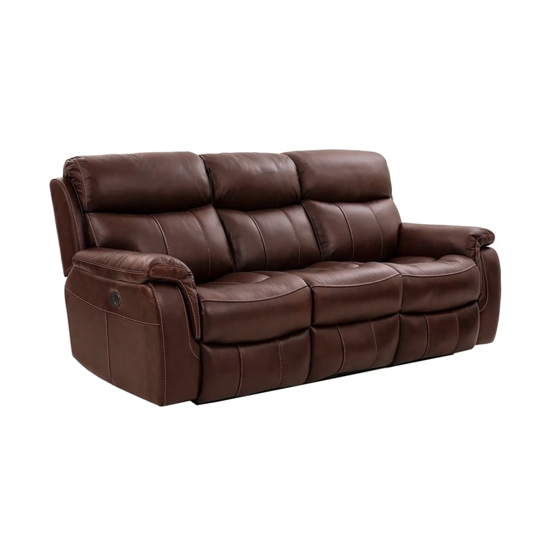 Armen Living Leather Power Headrest & Lumbar Support Reclining Sofa in Brown
