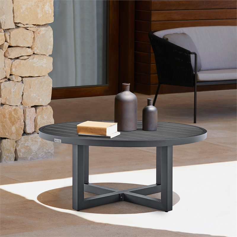Armen Living Argiope Round Aluminum Outdoor Patio Coffee Table in Gray
