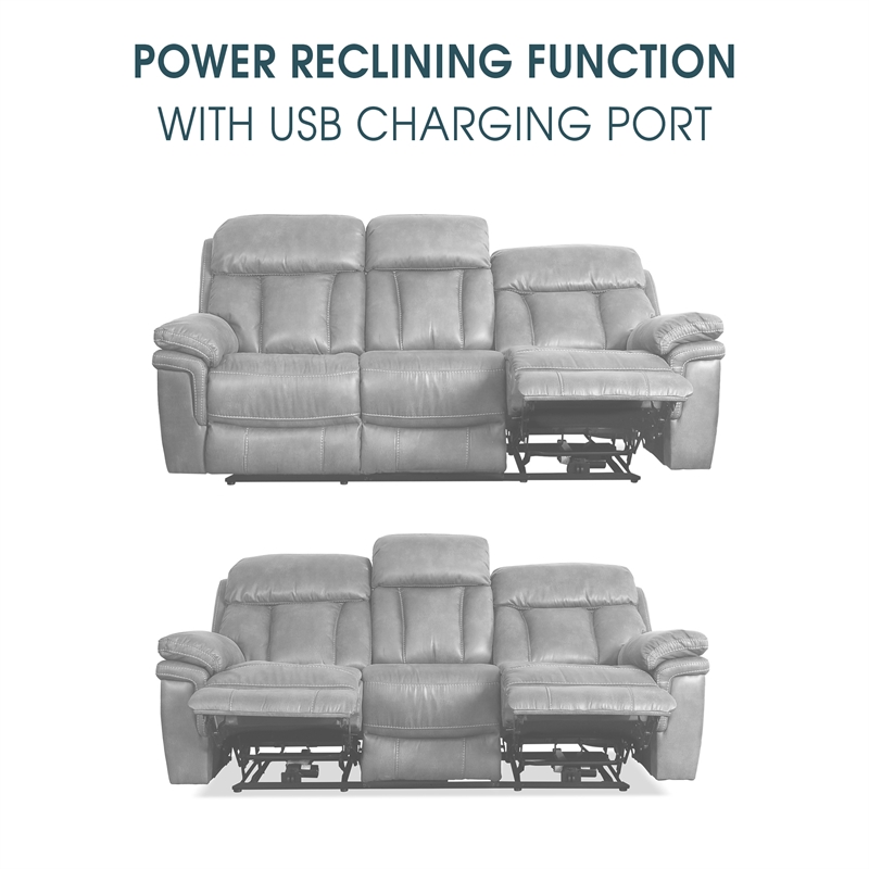 Armen Living Leather Reclining Sofa w/ Power Headrest & Lumbar Support in Gray