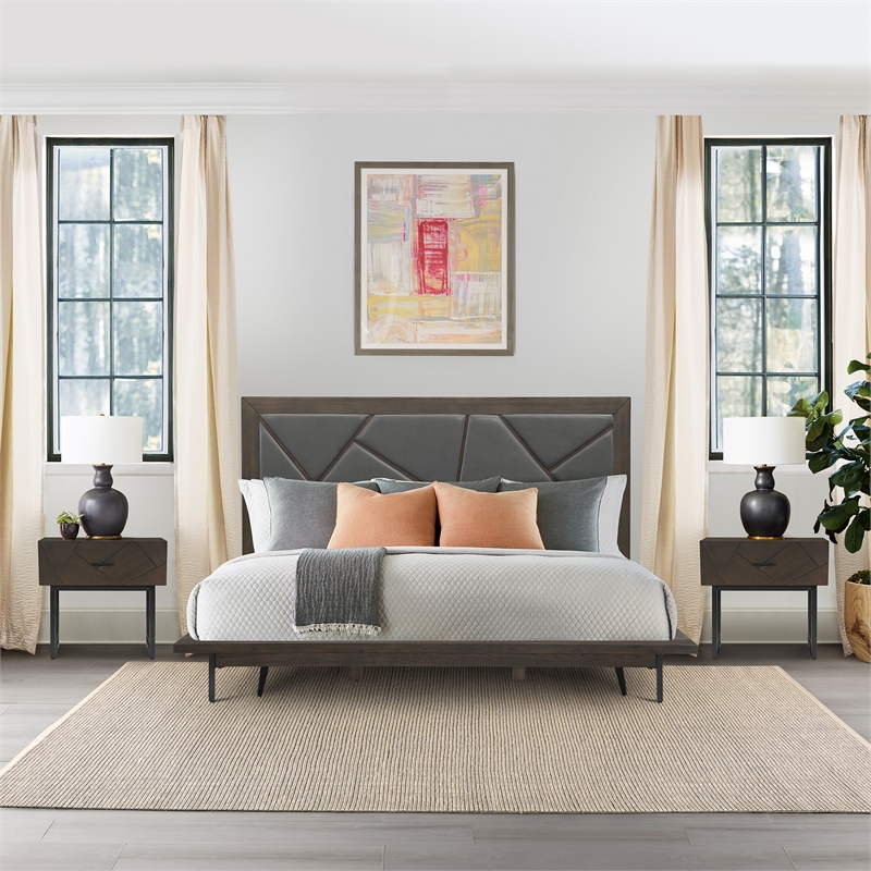Armen Living Marquis 3-Piece Wood King Platform Bedroom Set in Oak/Smoke Gray