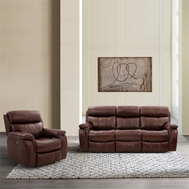 Armen Living Montague 2PC Leather Dual Power Reclining Sofa Recliner in Brown
