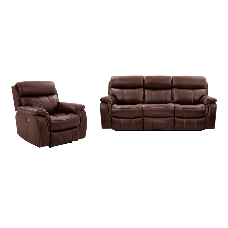 Armen Living Montague 2PC Leather Dual Power Reclining Sofa Recliner in Brown