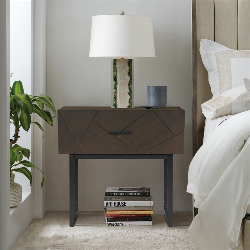 Armen Living Marquis 1-Drawer Oak Wood Nightstand with Black Metal Legs in Gray
