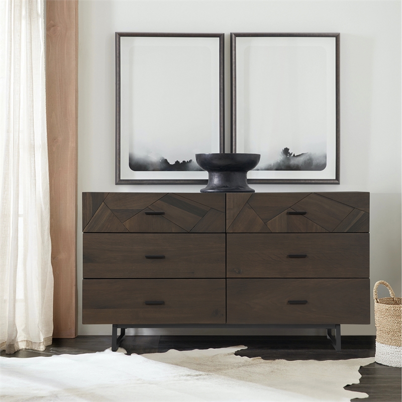 Armen Living Marquis 6-Drawer Oak Wood Dresser with Black Metal Legs in Gray