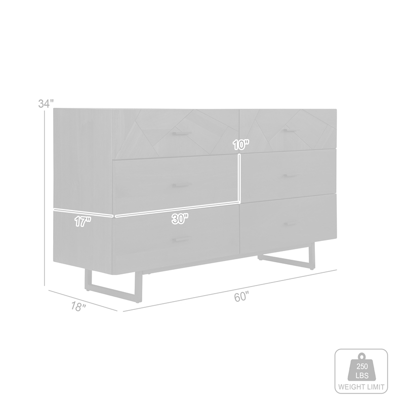 Armen Living Marquis 6-Drawer Oak Wood Dresser with Black Metal Legs in Gray