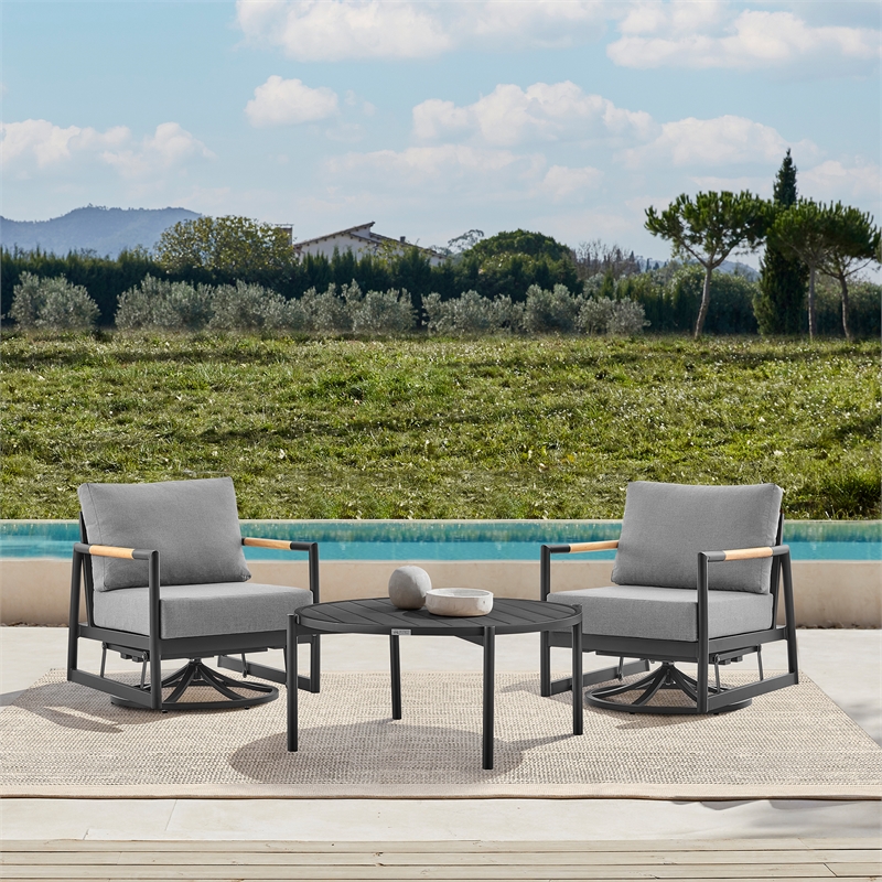 Armen Living Royal 3PC Outdoor Aluminum/Fabric Patio Swivel Set in Black/Gray