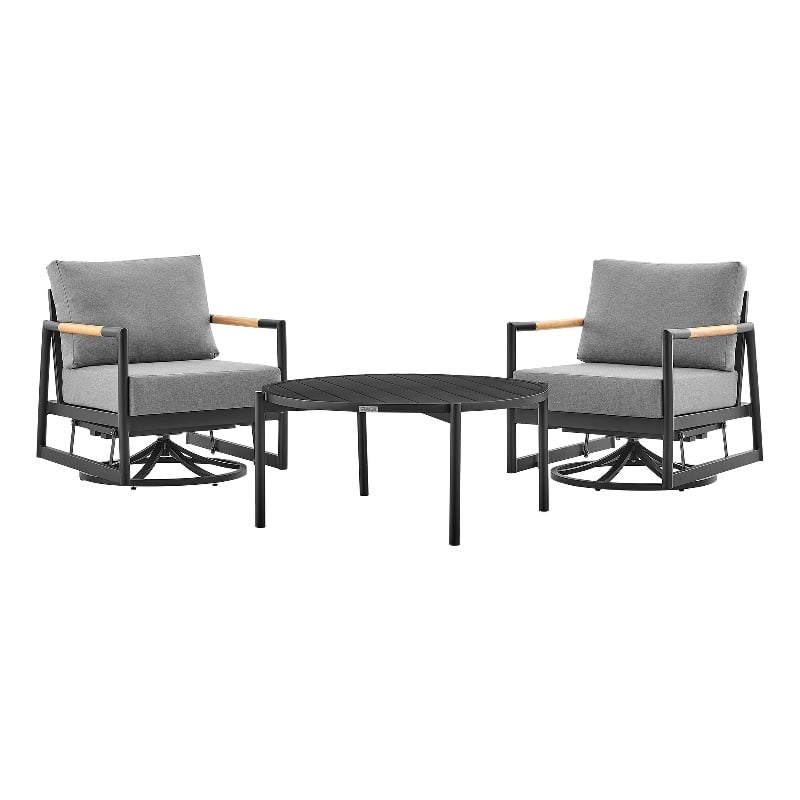 Armen Living Royal 3PC Outdoor Aluminum/Fabric Patio Swivel Set in Black/Gray