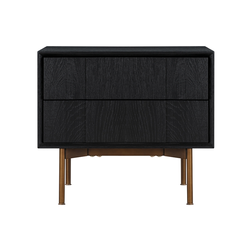 Armen Living Carnaby 2-Drawer Wood Nightstand in Black Brushed Oak and Bronze