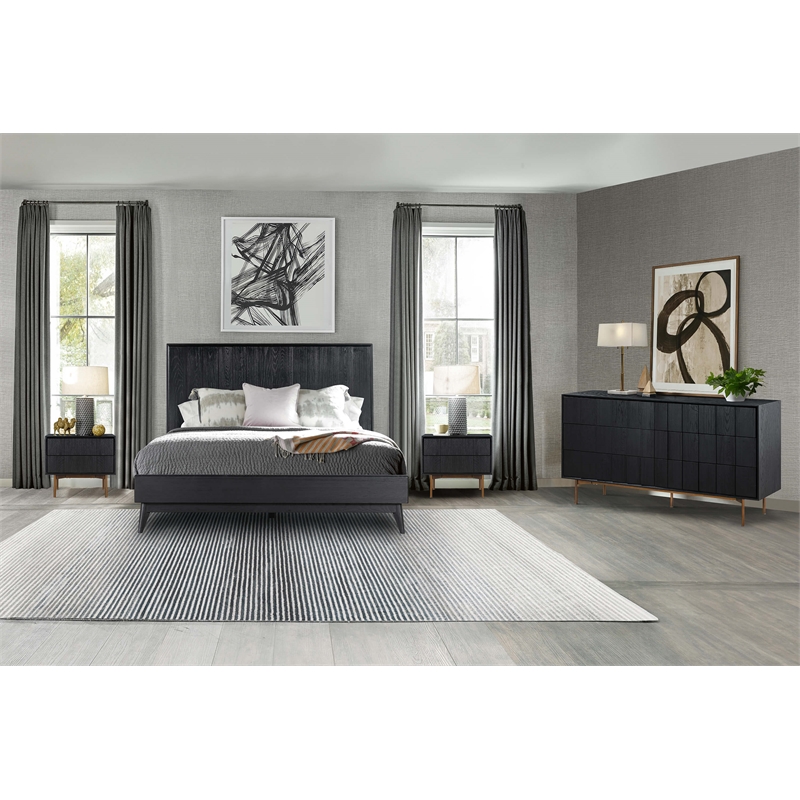 Armen Living Carnaby 2-Drawer Wood Nightstand in Black Brushed Oak and Bronze