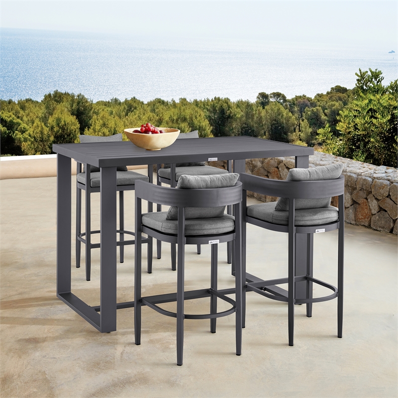 Armen Living Argiope 5-Piece Aluminum Patio Bar Table Set in Black/Gray