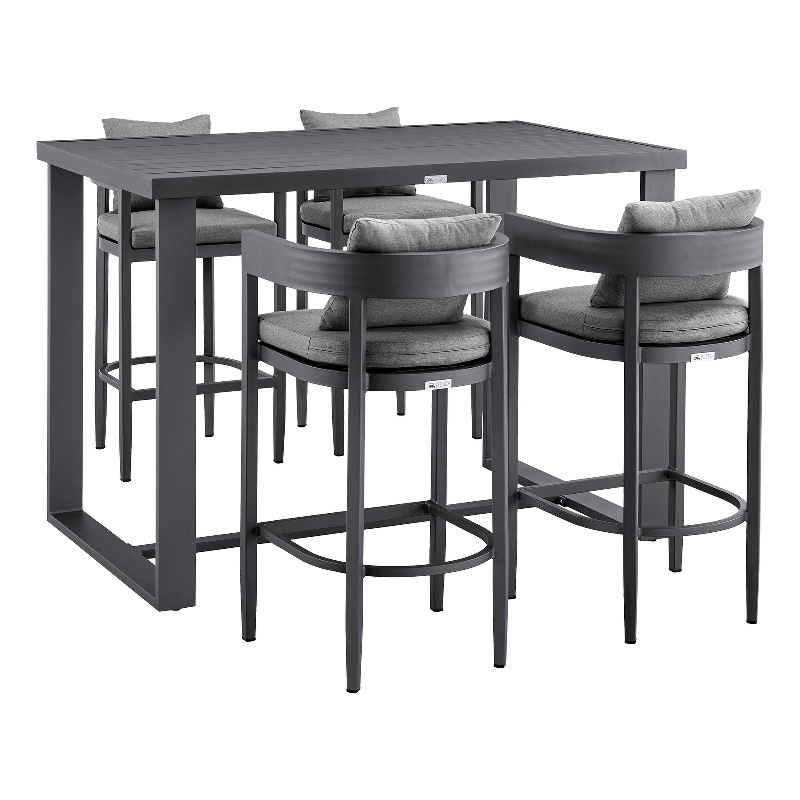 Armen Living Argiope 5-Piece Aluminum Patio Bar Table Set in Black/Gray