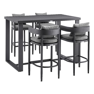 Armen Living Argiope 5-Piece Aluminum Patio Bar Table Set in Black/Gray