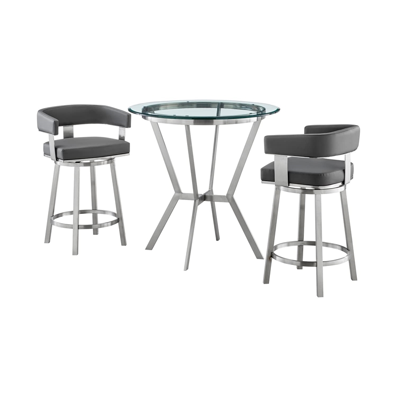 Armen Living Naomi and Lorin 3PC Stainless Steel Counter Dining Set in Silver