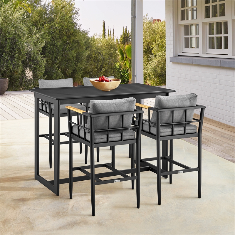 Armen Living Wiglaf 5-Piece Aluminum Patio Bar Table Set in Black/Gray