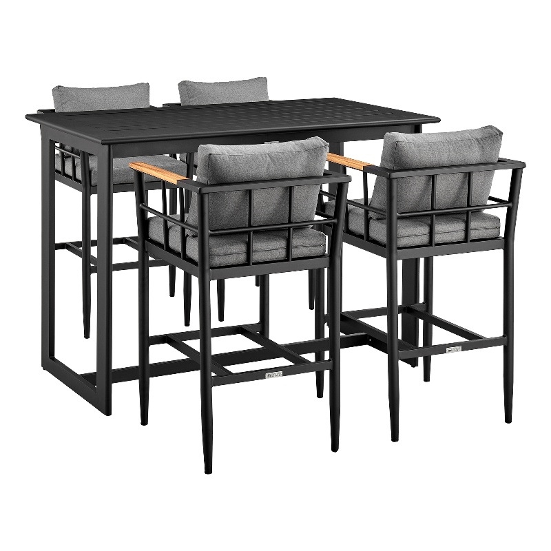 Armen Living Wiglaf 5-Piece Aluminum Patio Bar Table Set in Black/Gray