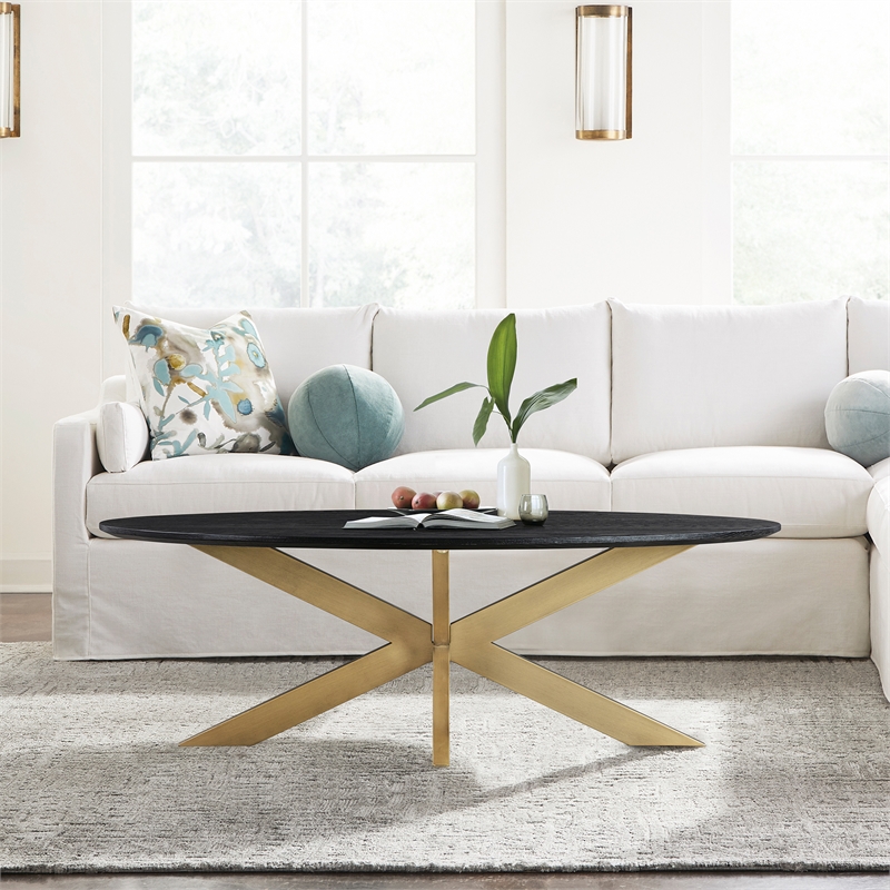 Armen Living Lombard Oval Modern Wood Coffee Table in Black/Brushed Oak