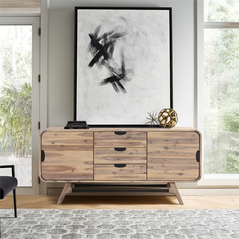 Armen Living Kendra 3-Drawer Modern Acacia Wood Sideboard Buffet in Gray