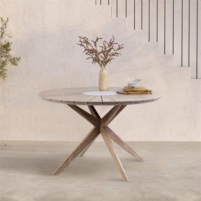 Armen Living Sachi Round Wood/Concrete Outdoor Dining Table in Natural