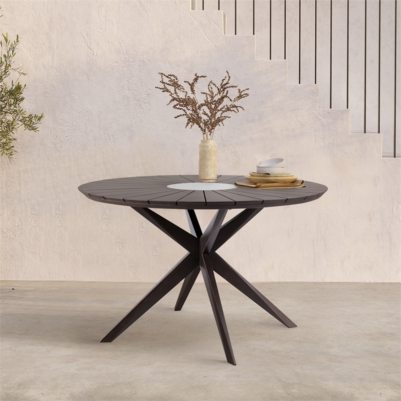 Armen Living Sachi Round Wood/Concrete Outdoor Dining Table in Brown
