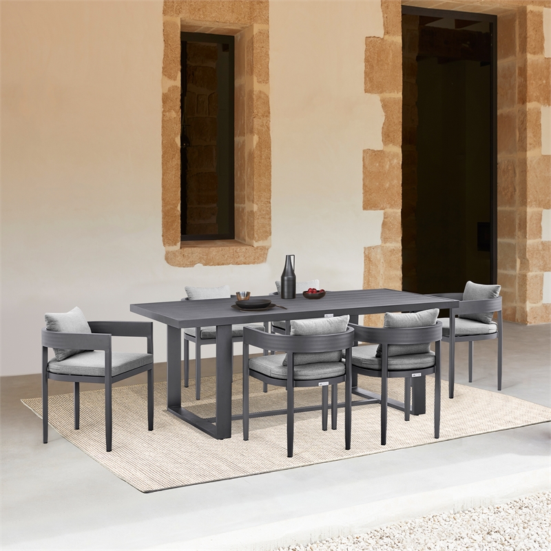 Armen Living Argiope 7-Piece Outdoor Aluminum Dining Table Set in Black/Gray