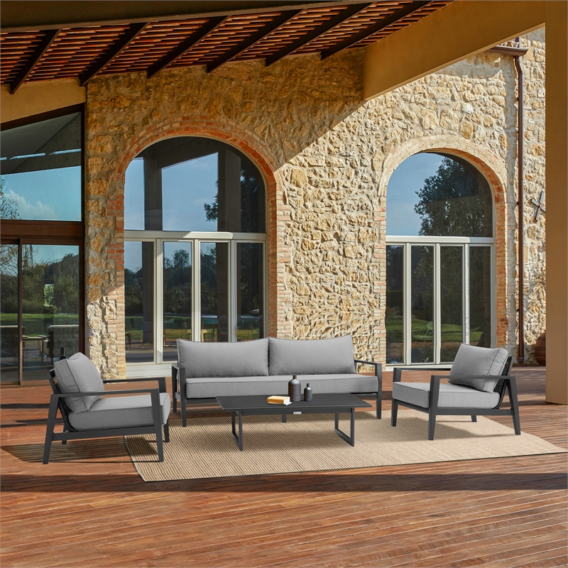 Armen Living Grand 4-Piece Aluminum Outdoor Seating Set in Black/Gray