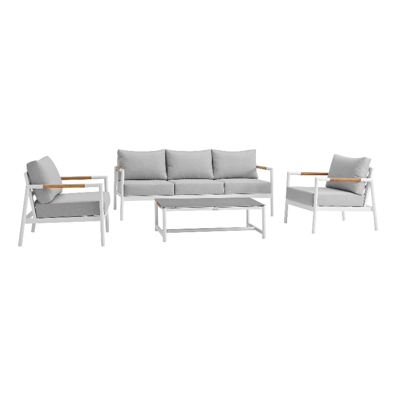 Armen Living Royal 4PC Outdoor Fabric & Aluminum Seating Set in White/Light Gray