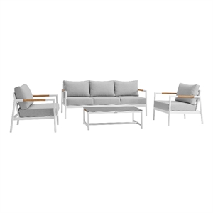 Armen Living Royal 4PC Outdoor Fabric & Aluminum Seating Set in White/Light Gray