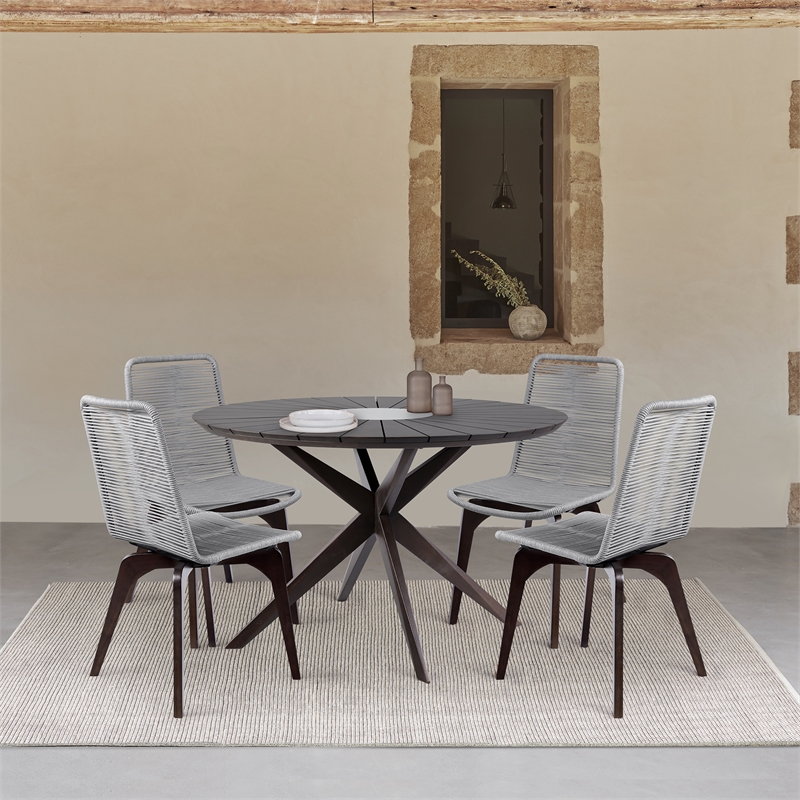 Armen Living Sachi 5-Piece Wood/Rope Outdoor Dining Set in Dark Brown/Light Gray