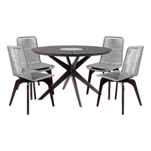 Armen Living Sachi 5-Piece Wood/Rope Outdoor Dining Set in Dark Brown/Light Gray