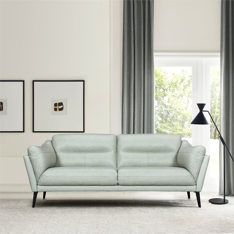 Armen Living Franz Upholstered Metal & Leather Sofa in Black/Mint